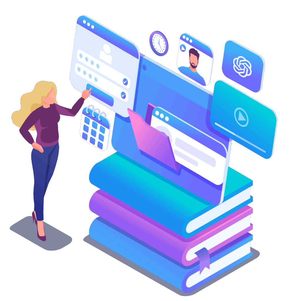 llustration d’une femme interagissant avec des éléments digitaux flottants, représentant une formation numérique pour les professionnels — apprendre à maîtriser les outils digitaux grâce à Format Digital.