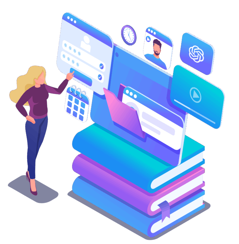 llustration d’une femme interagissant avec des éléments digitaux flottants, représentant une formation numérique pour les professionnels — apprendre à maîtriser les outils digitaux grâce à Format Digital.